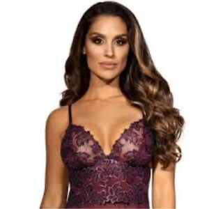 French Affair Women's Purple Lace Floral Bodysuit Lingerie NWT